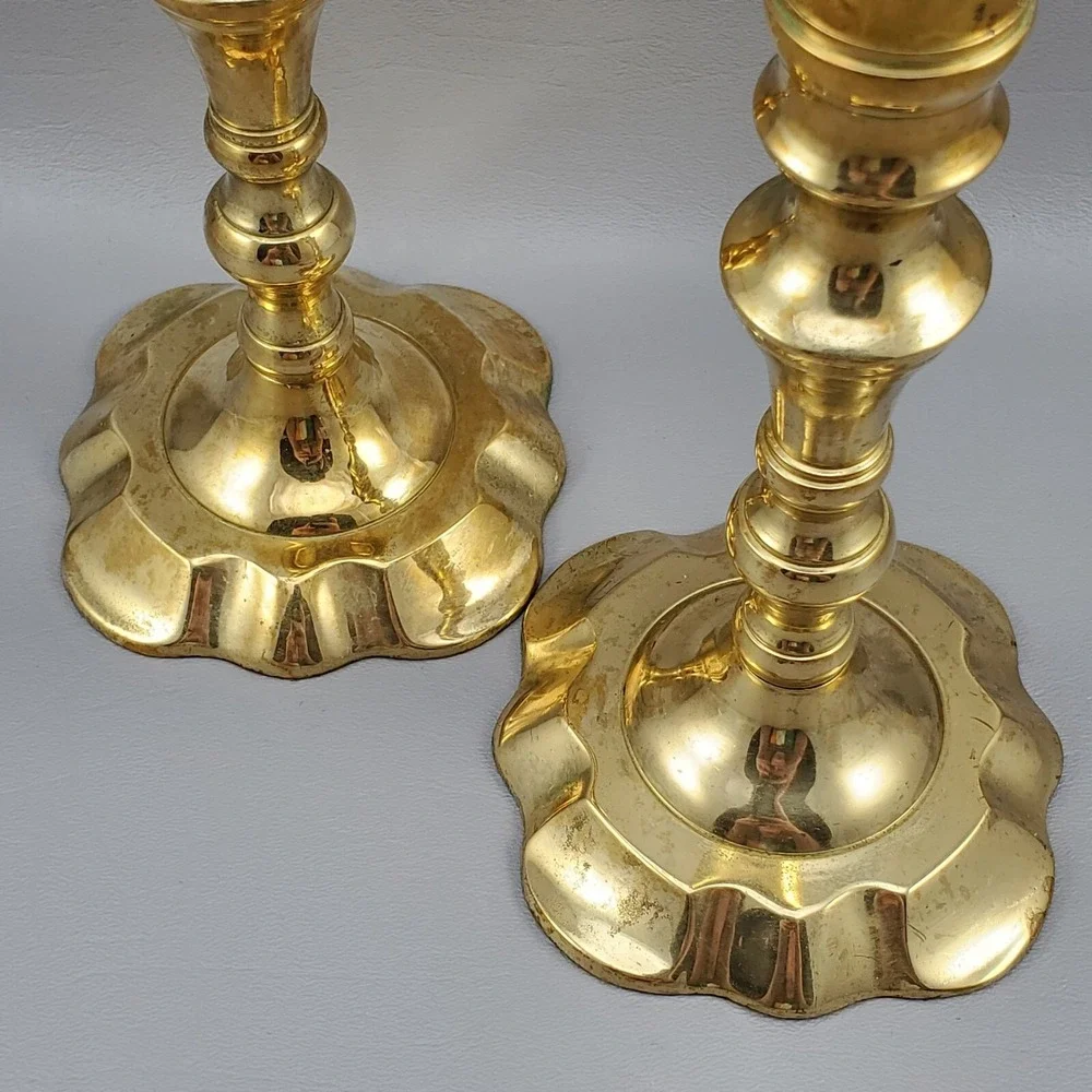 Brass Spindle Tapered Candlesticks Pair Scalloped Base MCM India 8